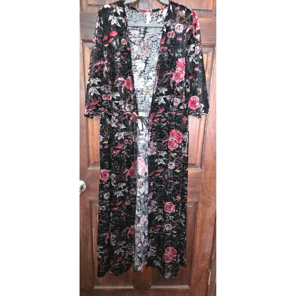 Xhilaration Womens Large Black Velvet Burnout Floral Leopard Kimono Duster Maxi